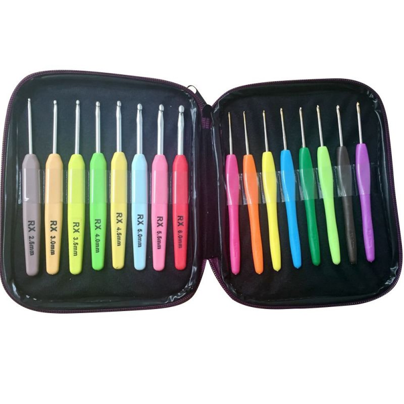 16 Pcs Crochet Hook Set Sewing Tools with Colorful Plastic Handles Knitting Needle Weave Yarn Case Set Aluminum Hooks Accessory