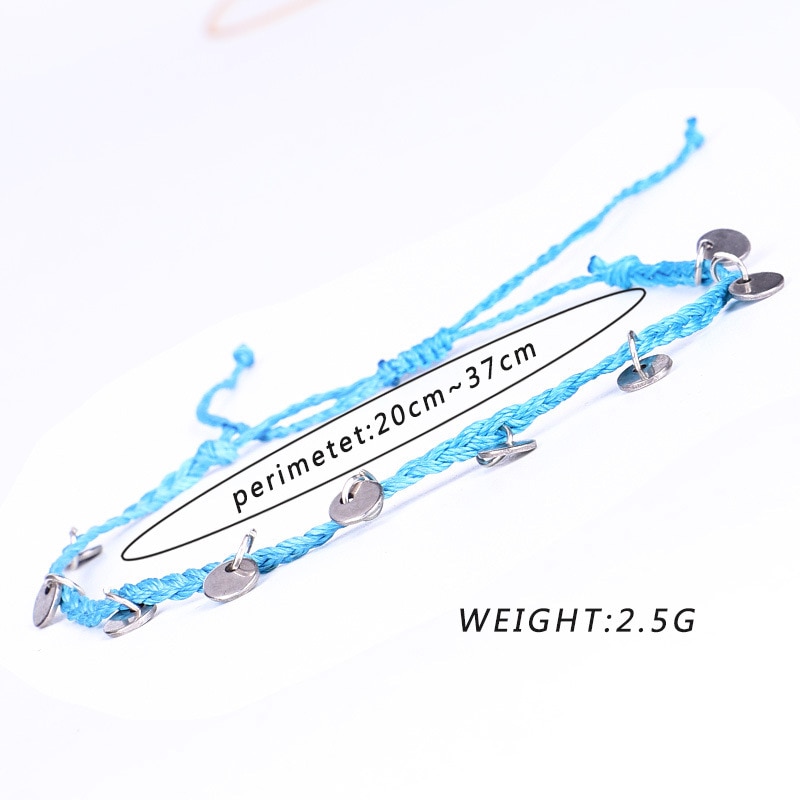Bracelet de cheville en fil de cire tissé à la main avec pendentif en forme de disque de cuivre, bijou de plage simple pour femmes