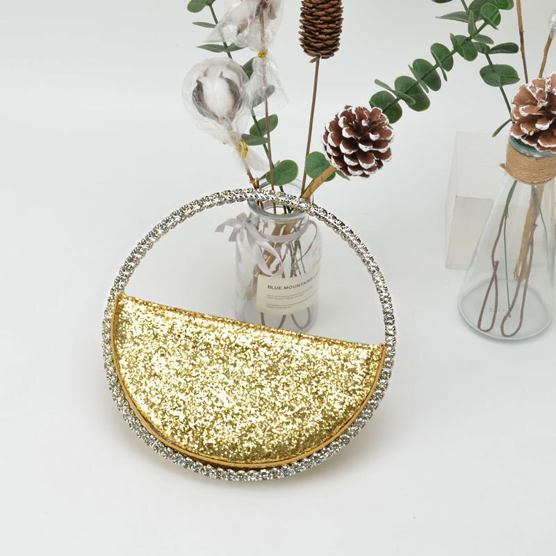 Diamond Red Heart Evening Clutch Bags Metal Handle Circle Purse Chic Rhinestone for Women Wedding Party Flaps: Circle Glitter Yello