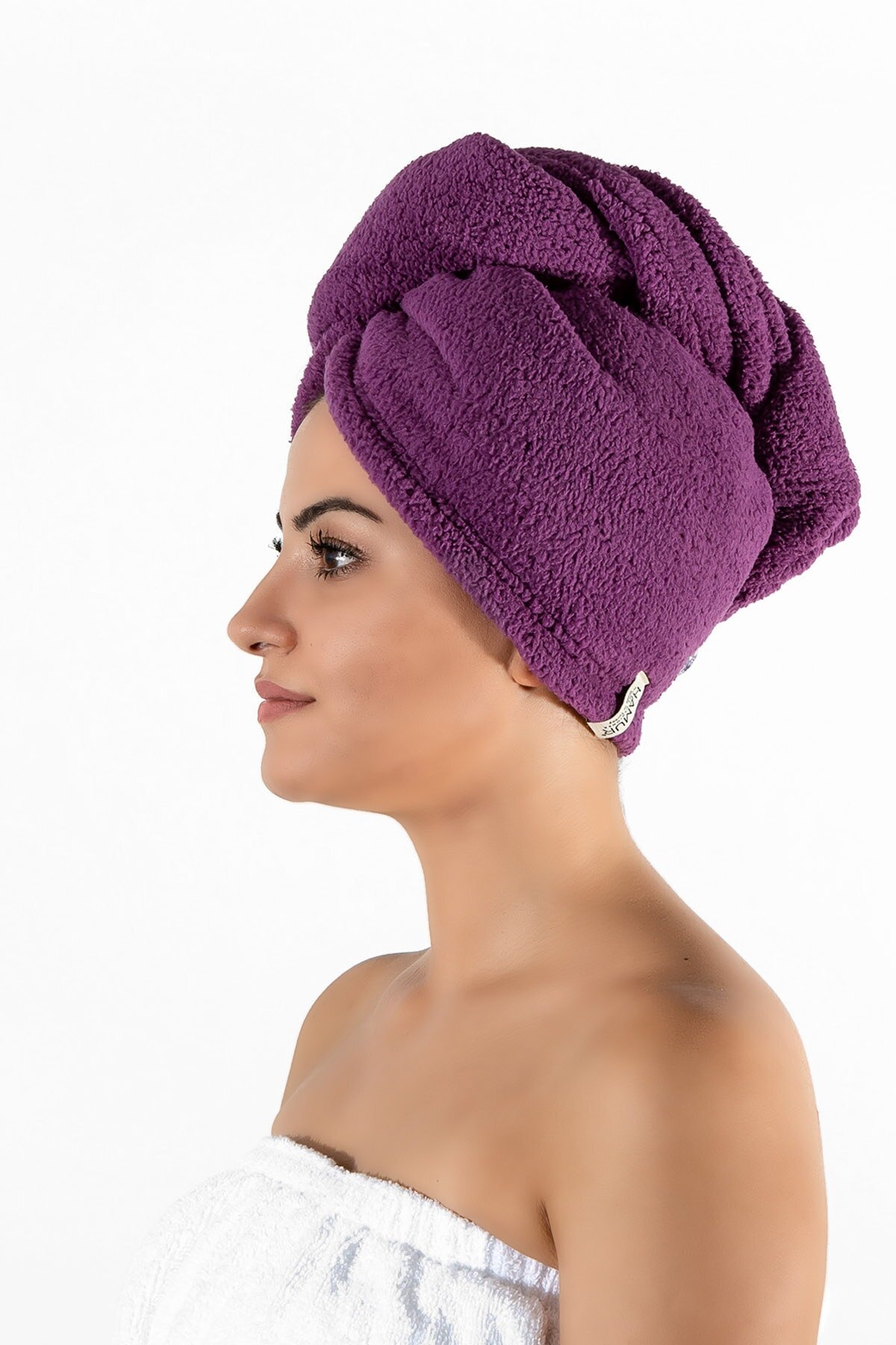 Aquist badhanddoek met knoopjes en haarhanddoek paars