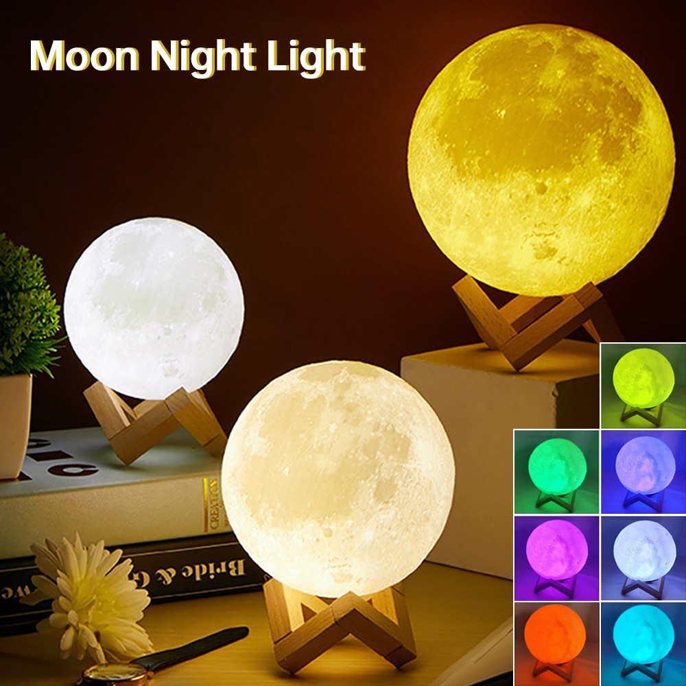 Led Nachtlampje 3D Afdrukken Maan Lamp 8Cm/12Cm Batterij Aangedreven Met Stand Starry Lamp 7 Kleur slaapkamer Decor Nachtverlichting Kids
