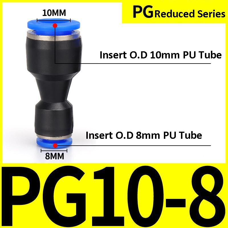 Pneumatiske fittings fitting plastkoblinger pu  pg 4mm 6mm to 8mm 10mm luft vannslange rør push-in rett luft hurtigkobling: Svart
