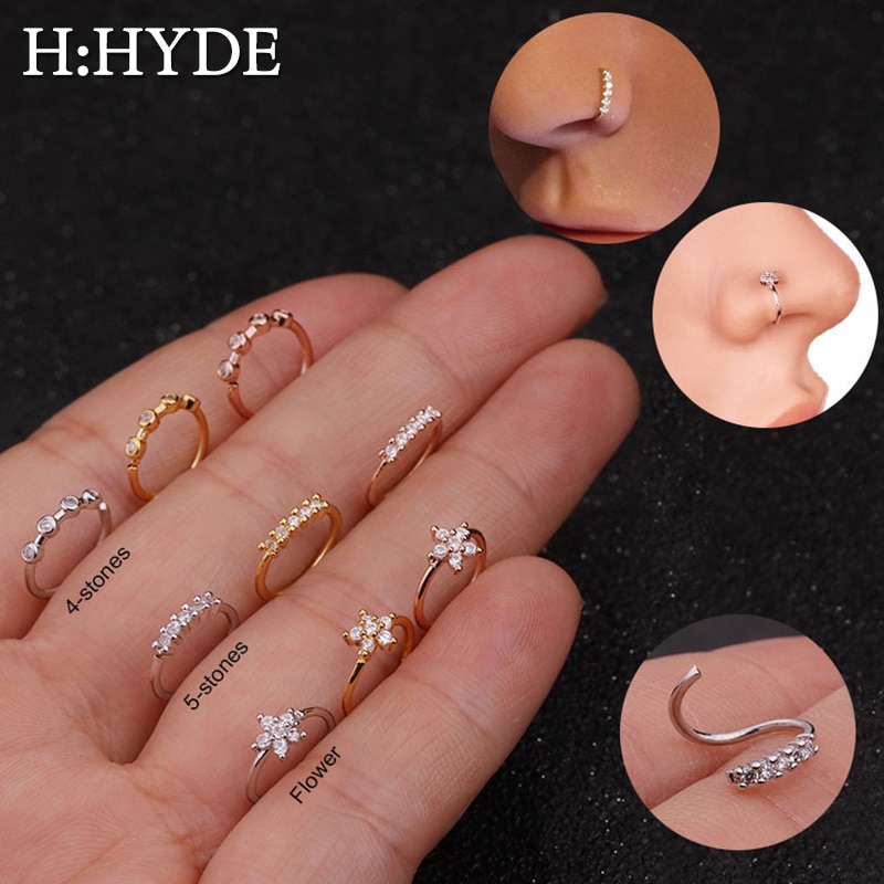 H:HYDE 1PC Silver Gold Color 20gx8mm Nose Piercing Jewelry Cz Nose Hoop Nostril Ring Flower Helix Cartilage Tragus Earring