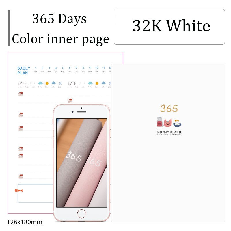 365 Days DIY Notebook Agenda A6 Diary Monthly Weekly Planner Organizer Color Paper Notebooks and Journals Drawing Book: White-02