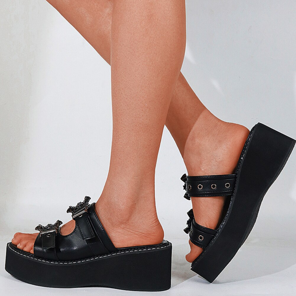 Platform Bat Gesp Slip Op Goth Open Teen Platform Zomer Vrouwen Sandalen Wiggen Gesp Leisure Casual Goth slippers