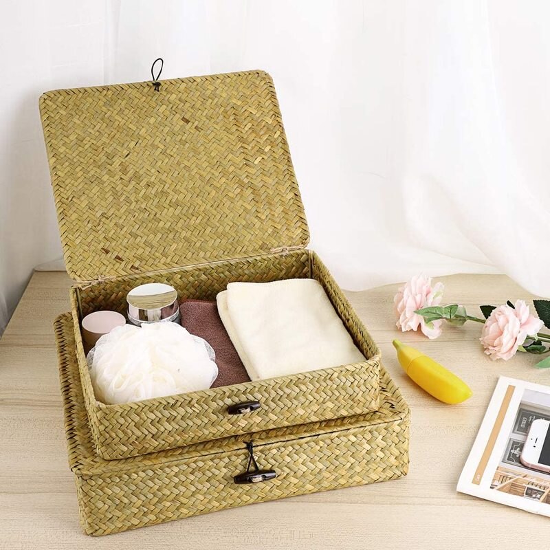 Flat Woven Wicker Storage Bins with Lid Natural Seagrass Basket Boxes Multipurpose Home Toys Organizer Boxes for Shelf Organizer