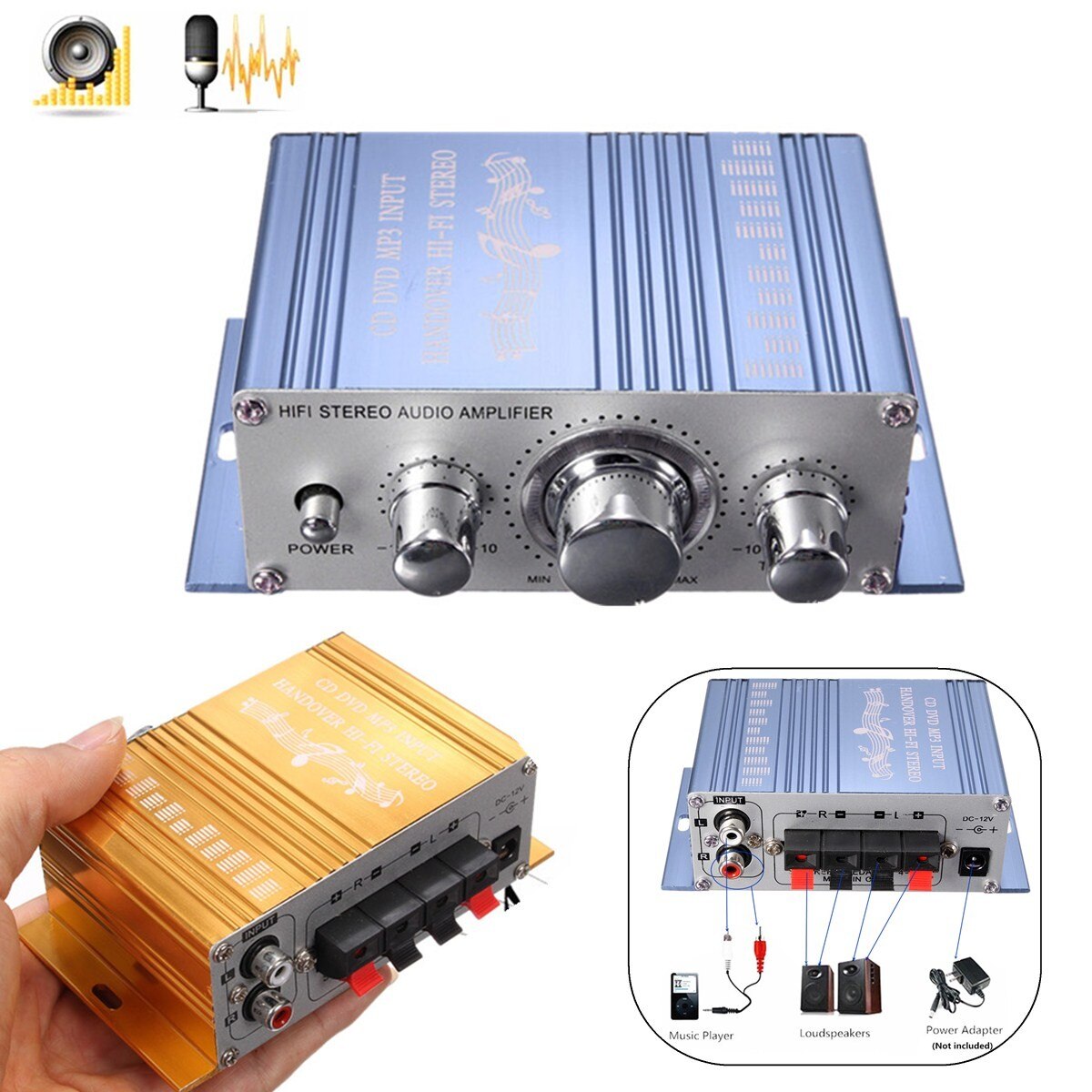 20W + 20W Hifi Stereo Audio Versterker 12V Mini Draagbare Stereo Versterker MP3 Auto 2 Cananal stereo Dvd Luidspreker 3 Kleuren