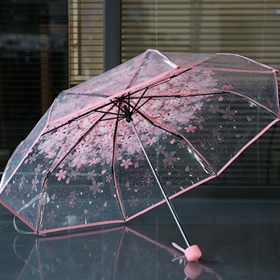 Three Fold Umbrella Women Transparent Umbrella Rain Women Umbrella 3 Folding Classic Cherry Sakura Pattern Clear Umbrella: Red