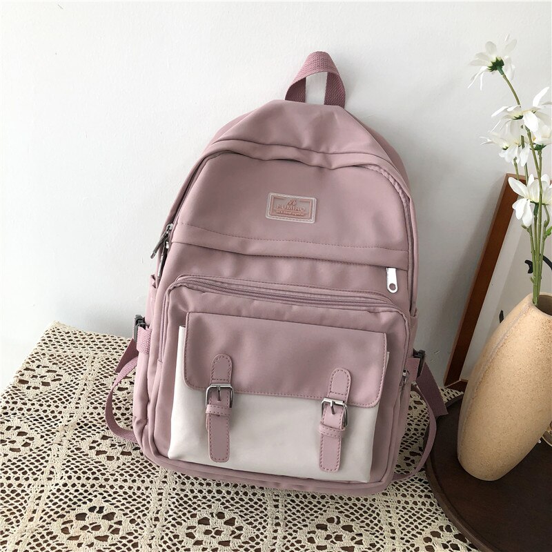 DCIMOR-Mochila de nailon impermeable para mujer, bolso de viaje con hebilla para cinturón, Mochila escolar con bolsillo, Kawaii, para adolescentes: pink / with alpaca