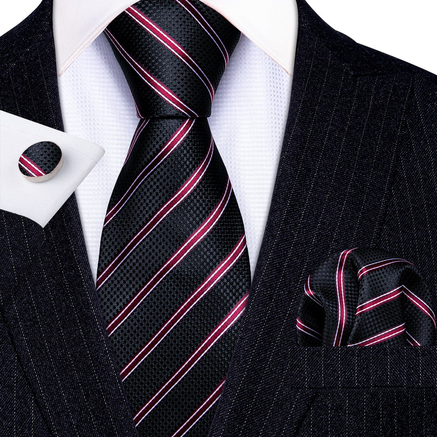 Cravate 100% soie pour hommes, Plaid rouge, Jacquard tissé, ensemble de boutons de manchette, cravate de cou, fête d&#39;affaires