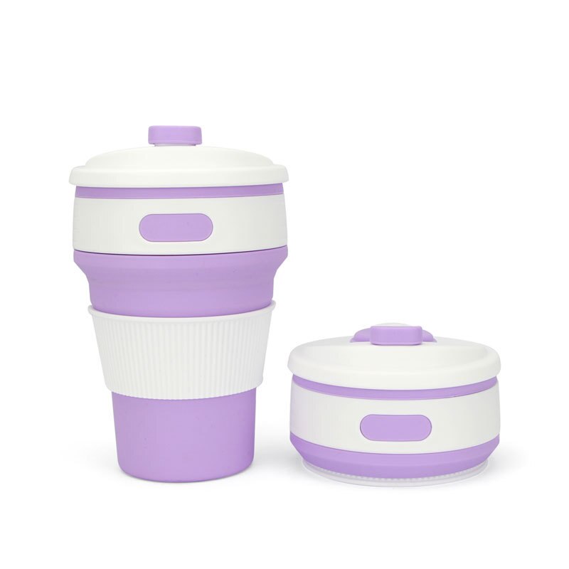 Taza de café de silicona plegable, vaso de agua sin BPA, portátil, telescópico, de viaje, multifunción, 350ml: Morado