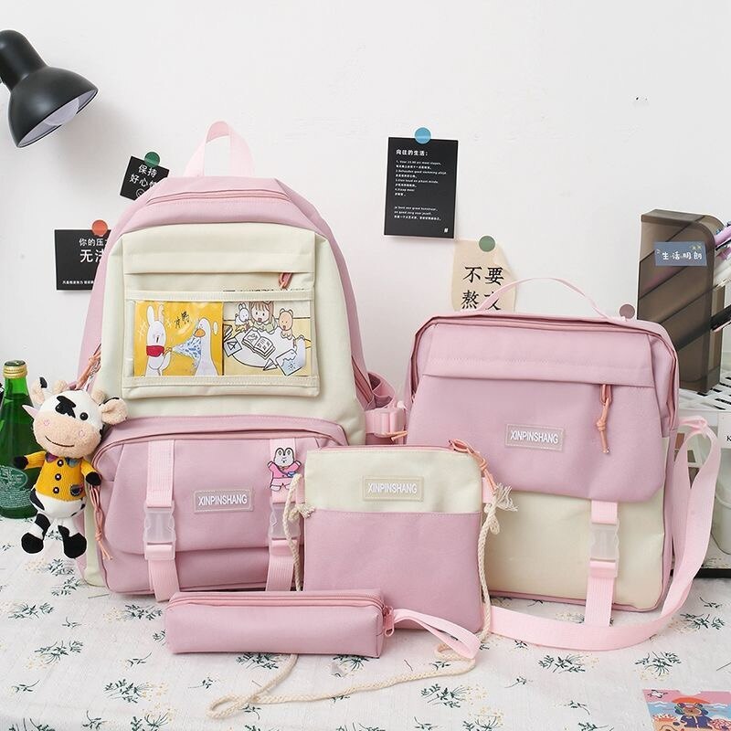 4 unids/set de lona mochilas para mujeres lindo bolsas para la Escuela de las niñas adolescentes bolsas los estudiantes mochilas para mujer mochila: Light pink cards / Only backpack