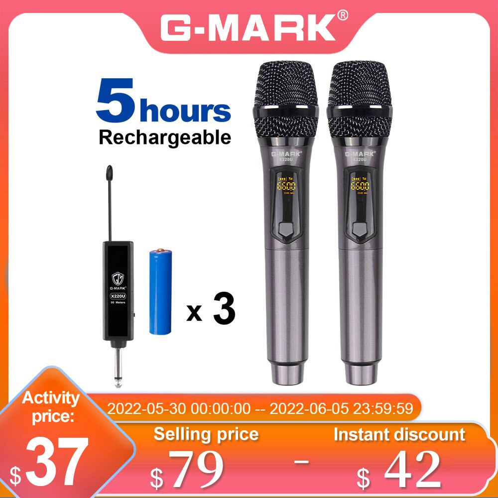 Micrófono inalámbrico G-MARK X220U UHF, grabación de Karaoke, portátil, con receptor de batería de litio recargable