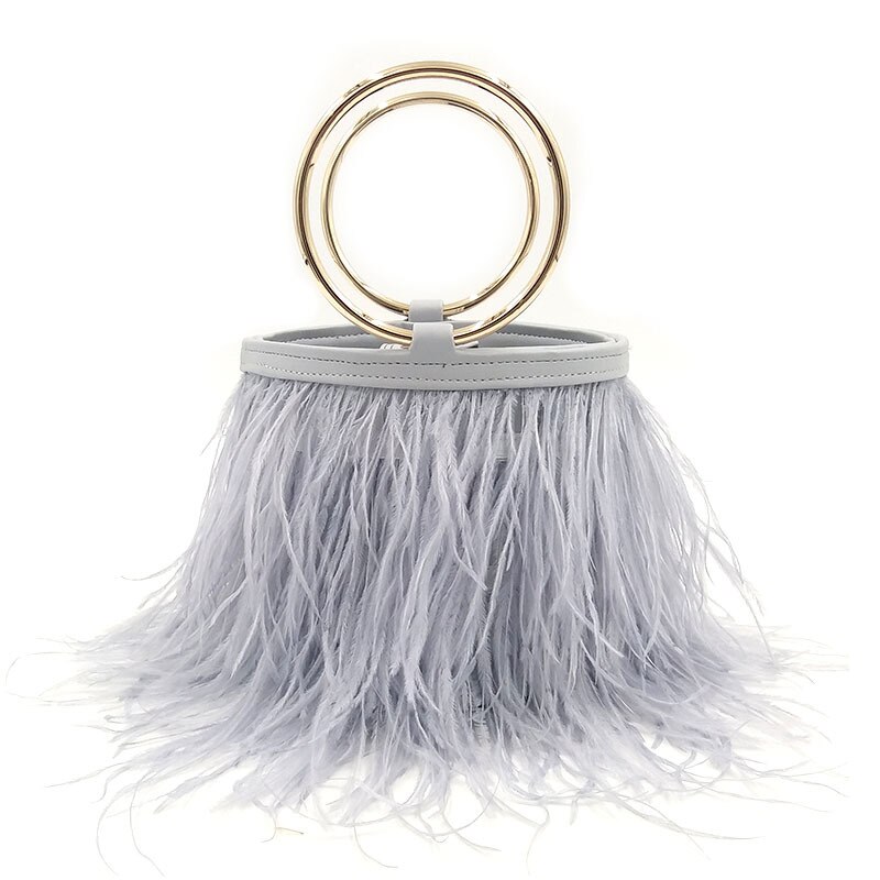 Luxury Ostrich Feather Wedding Purses and Handbags for Women Bucket Tote Pearl Fringe Party Chain Shoulder Bag: Gray