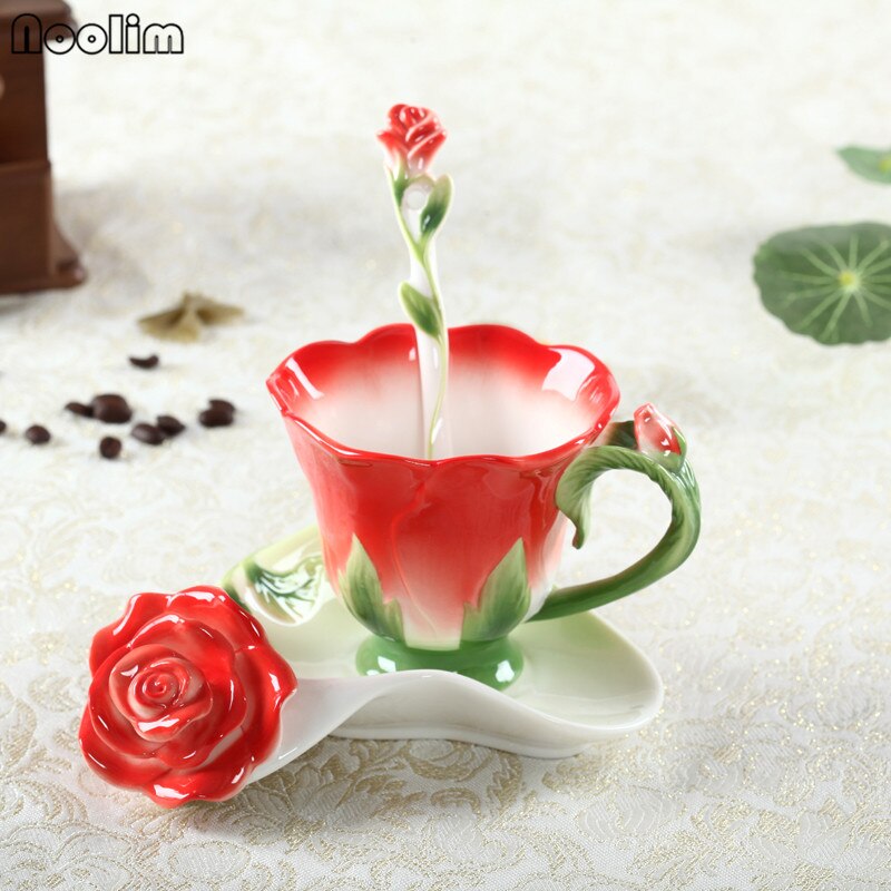 NOOLIM 3D Rose Coffee Cup Enamel Tea Cup Set With Spoon Saucer Cups Ceramic European Bone China Drinkware