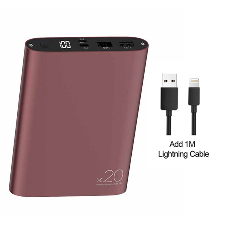 Solove Power Bank 20000mAh przenośna ładowarka Quick Charge mini powerbank na iOS telefon z systemem Android: Red Add Lightning