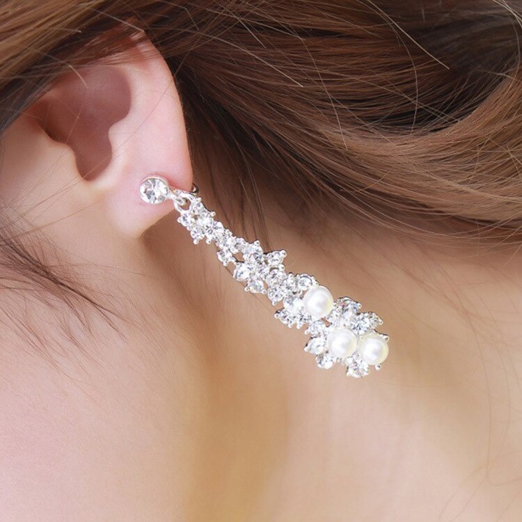 Bruid Bruiloft Sieraden Luxe Full Strass Kristal Clip Op Oorbellen Lange Gesimuleerde Pearl Earring Zonder Doorboord Oor Clip
