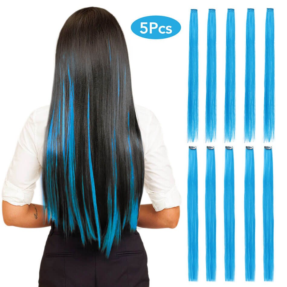 Lange Rechte Haar 5 Stuks/set Gekleurde Highlight Synthetische Hair Extensions Clip-In Een Stuk Pure Kleur 24 Inch: Sky Blue