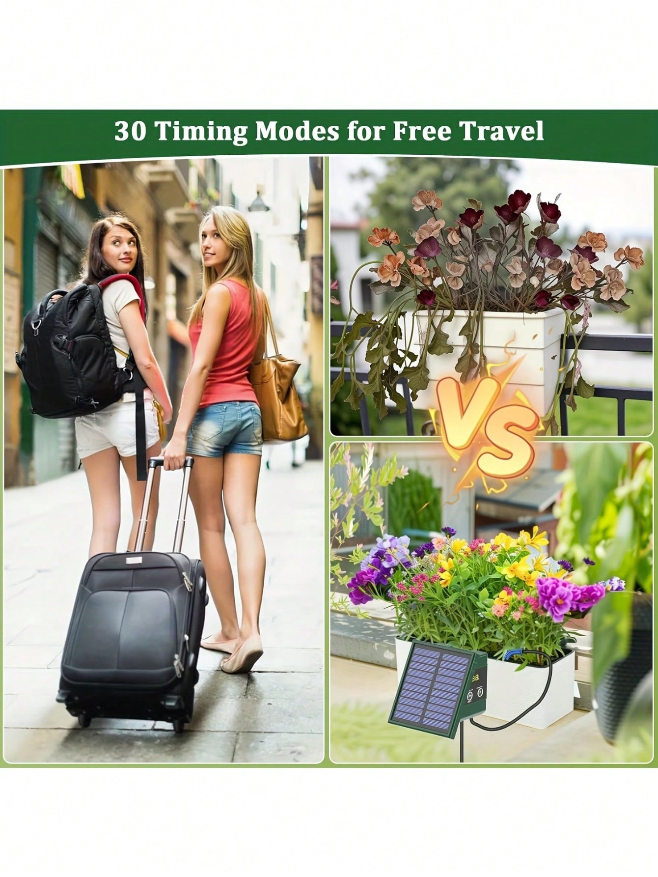 Högpresterande solcellsdrivet droppbevattningssystem för trädgården - olika tidsmodeller att välja mellan, automatiskt växtbevattningskit, för upp till 10 krukväxter, med solcellsladdare och vattennivåindikator, perfekt för inomhus- och utomhusbruk