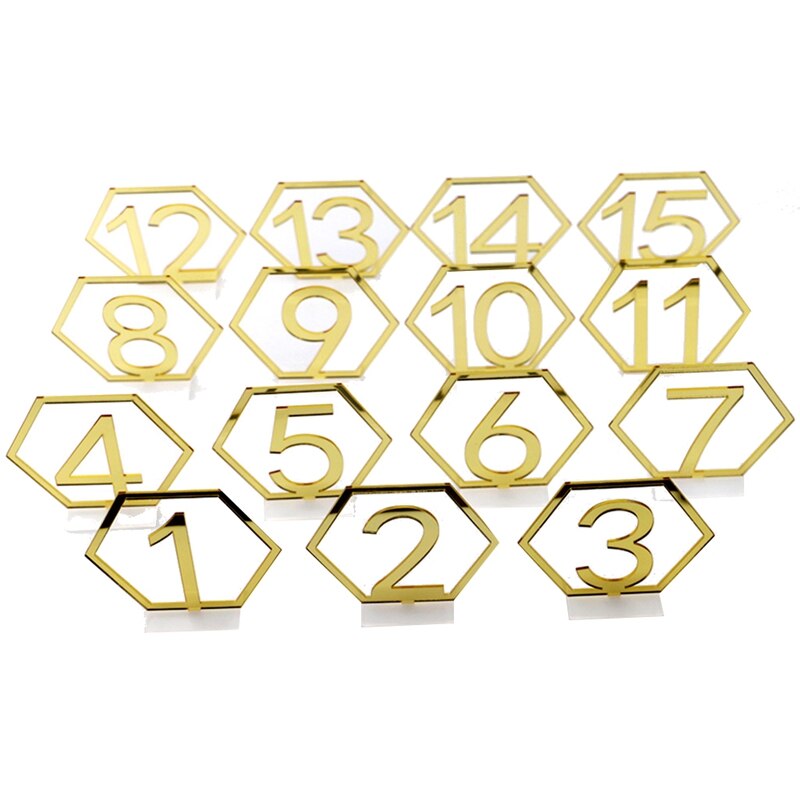 Espejo hexagonal hueco, número 1-15, asiento de boda, mesa, placa, decoración, manualidades: Grey