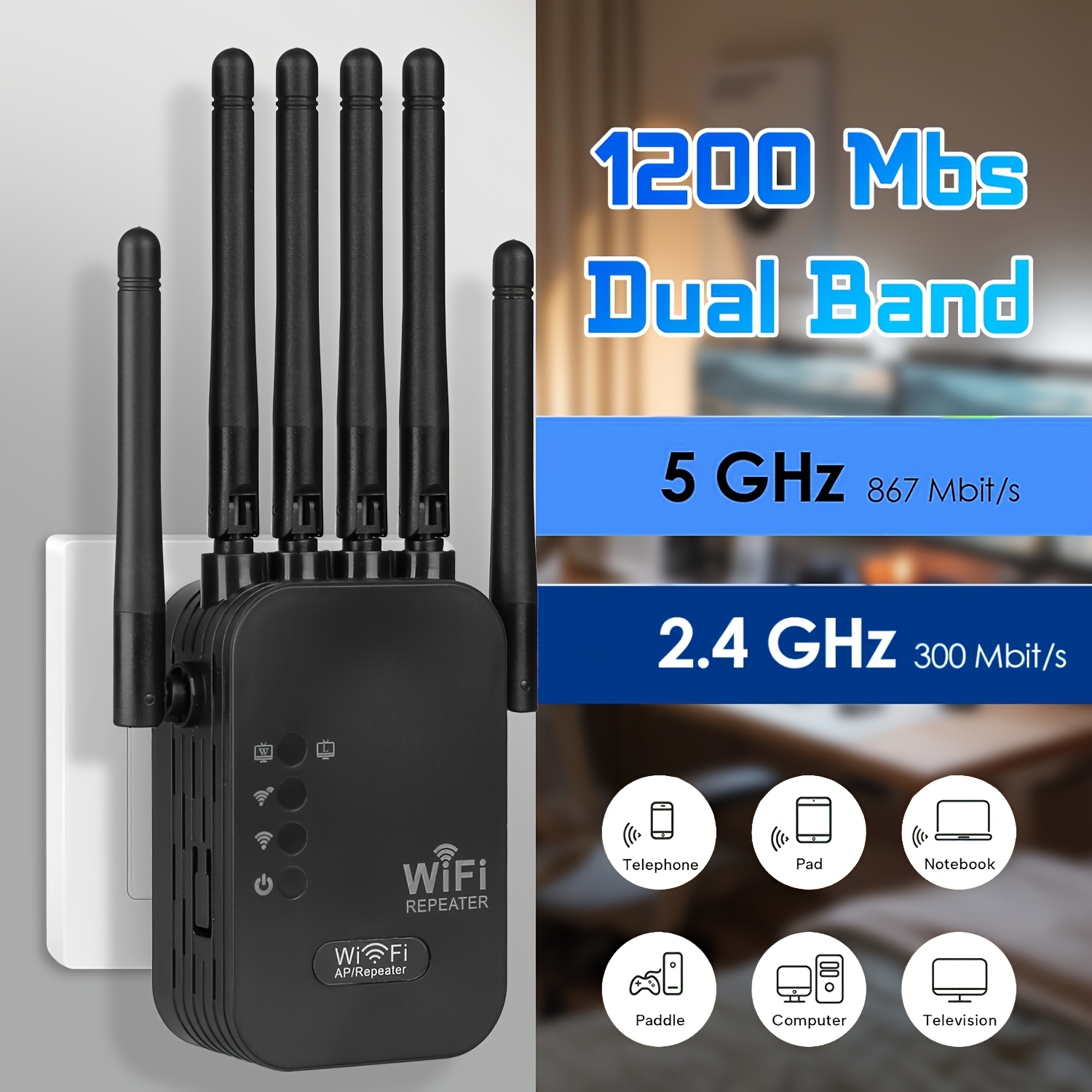 Dual-band gigabit ethernet-porter, wifi 6- forlenger, fungerer med alle rutere, universell kompatibilitet, , 6 antenner for 50+  enheter