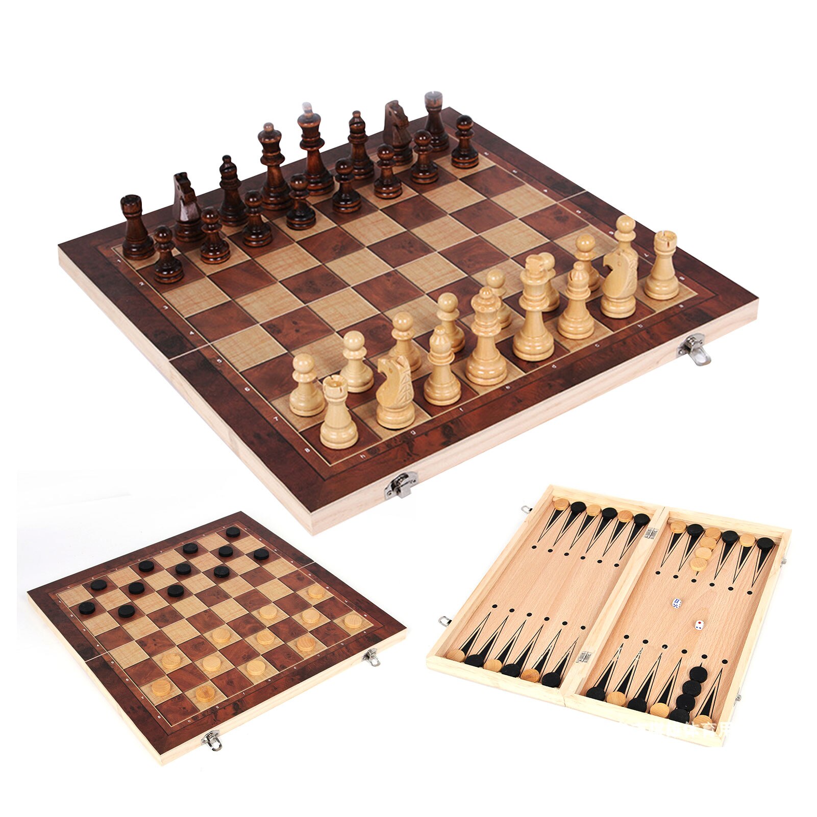 3 in 1 Holz Schach Backgammon Checkers Reise Spiele Schach Set Klapp Schachbrett Unterhaltung Weihnachten