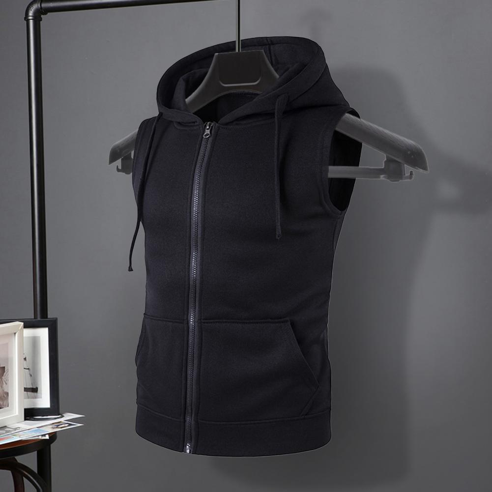 Heren Vest Jas Capuchon Trekkoord Mouwloze Rits Knoopsluiting Vest Jas Effen Kleur Zakken Rits Plakkaat Gilet