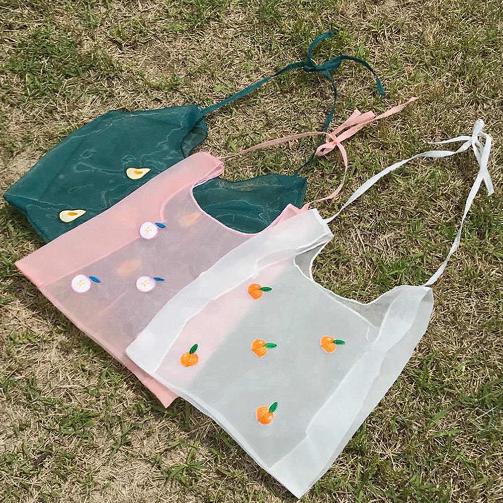 Kvinner organza mesh gjennomsiktig totes frukt broderi håndvesker koreansk stil kvinnelig øko handlepose vesker