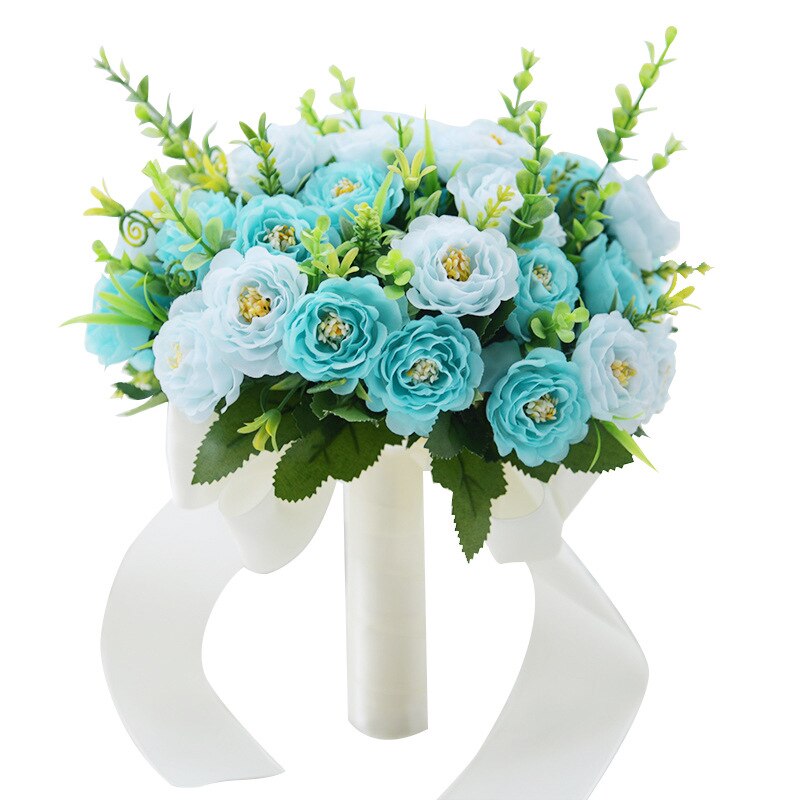 Janevini lichtpaars kunstmatig pioenroos bruidsboeket met lint en zijden bloemen, bruidsboeket met parels en broche: Tiffanyblauw