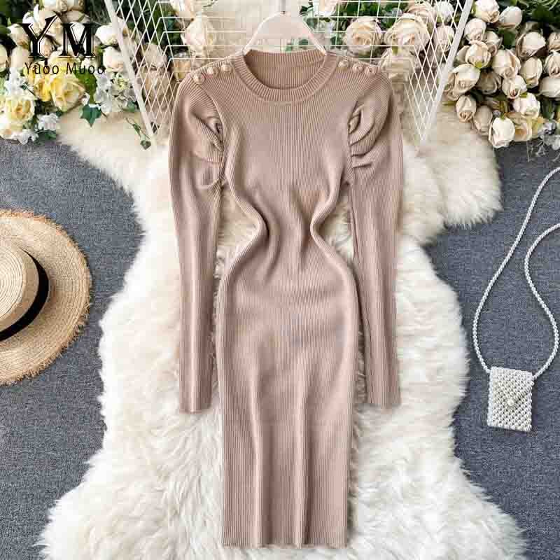 Yuoomuoo Herfst Winter Vrouwen Gebreide Jurk Europa Knoppen Lange Puff Mouwen Elegante Jurk Dames Bodycon Jurk: Khaki