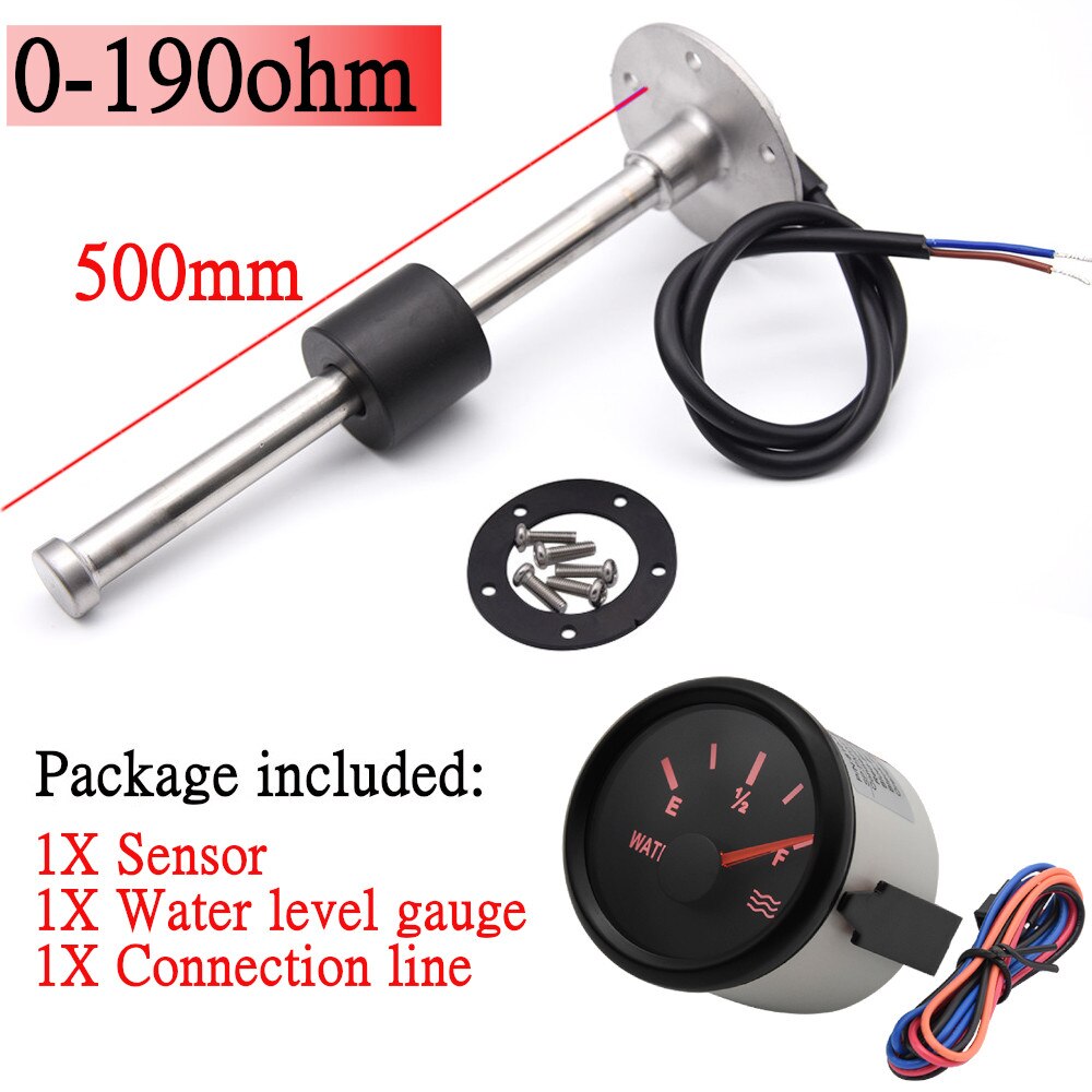 52Mm Auto Meters Water Niveau Sensor 125/150/200/225/300/500Mm Fit water Tank Niveau Indicator Meter 0-190ohm Met Rode Backlight: 500mm and BN gauge