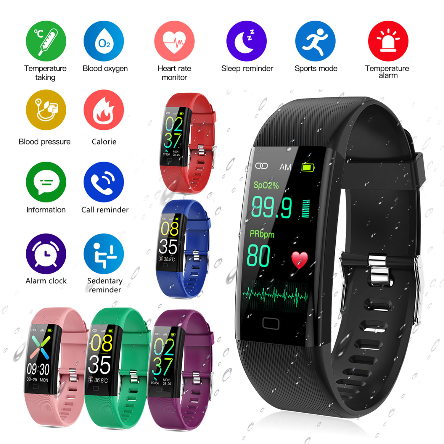 Bracelet connecté, montre intelligente, fréquence cardiaque, pression artérielle, oxygène dans le sang, oxymètre de pouls, multi-sport, BT, IP67, étanche, TFT