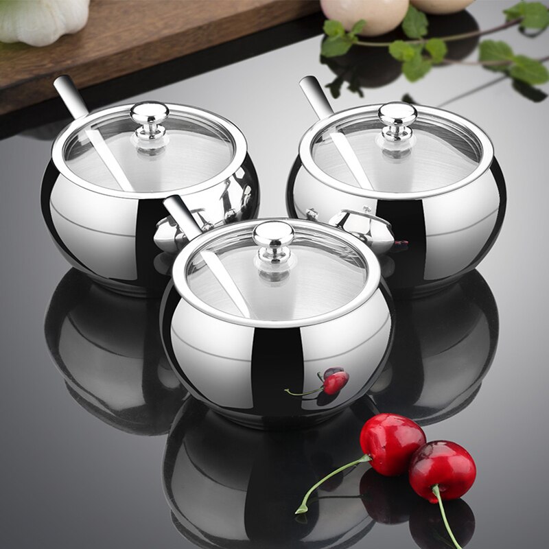 Kitchen Stainless Steel Sugar Bowl With Lid And Spoon Portable Sugar Box Container Cooking Sugar Seasoning Jar Storage Tools