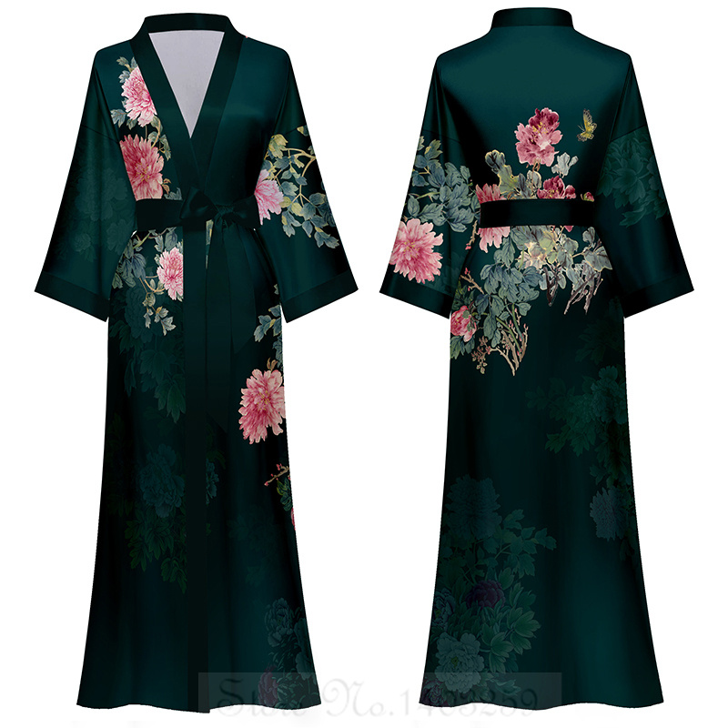 Peignoir kimono à manches mi-longues de style japonais pour femmes, robe longue femme, chemise de nuit, vêtements de nuit, satin imprimé fleuri, robe en span pour la maison