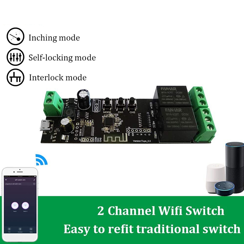 2 Channel WiFi Momentary Inching Relay Self-Locking Switch Module Smart Life/Tuya APP Control WiFi Relay Module