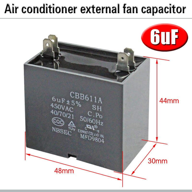 CBB61 Airconditioner Externe Ventilator Startcondensator 1.5/2/2.5/3/3.5/4/5/6/8Uf 450V Motor Condensator 4 Insert Drukvaste: 6uf