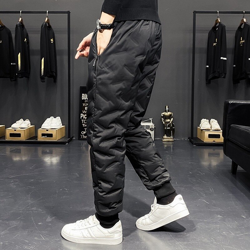 Pantalones acolchados de invierno para hombre, ropa de abrigo, elástica, con cordones, Color sólido, para jóvenes,