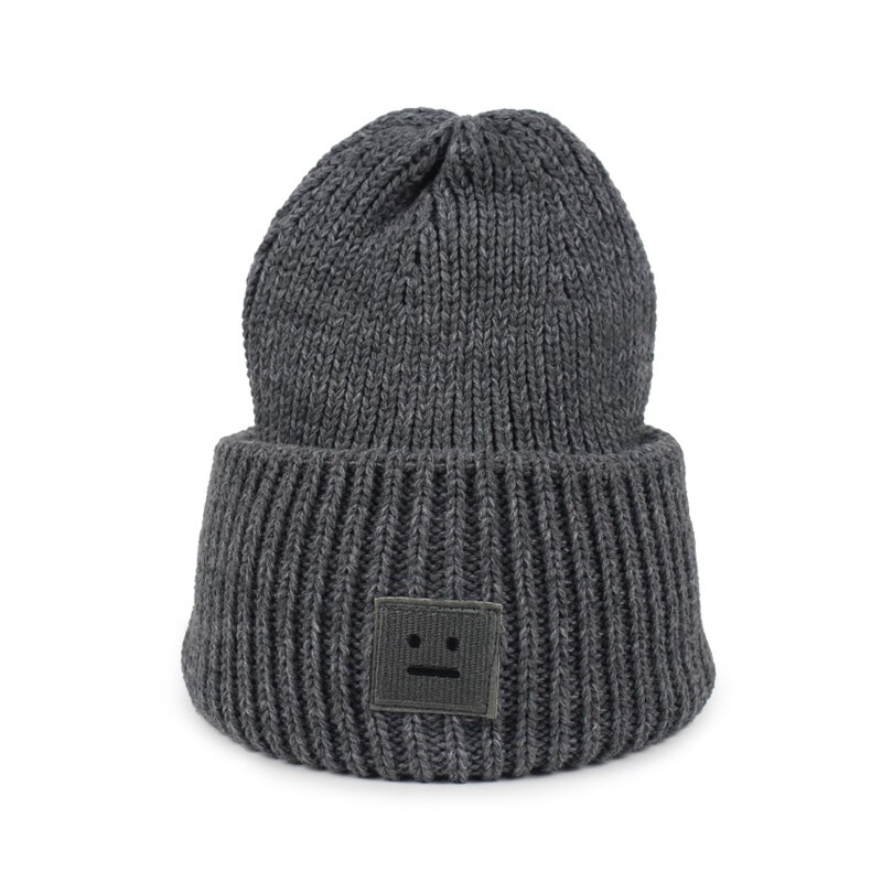 Vinter kvinner strikke lue lue uformell tykk ensfarget varm lue smilende ansiktsmønster strikket hiphop lue mann kvinne: Grå