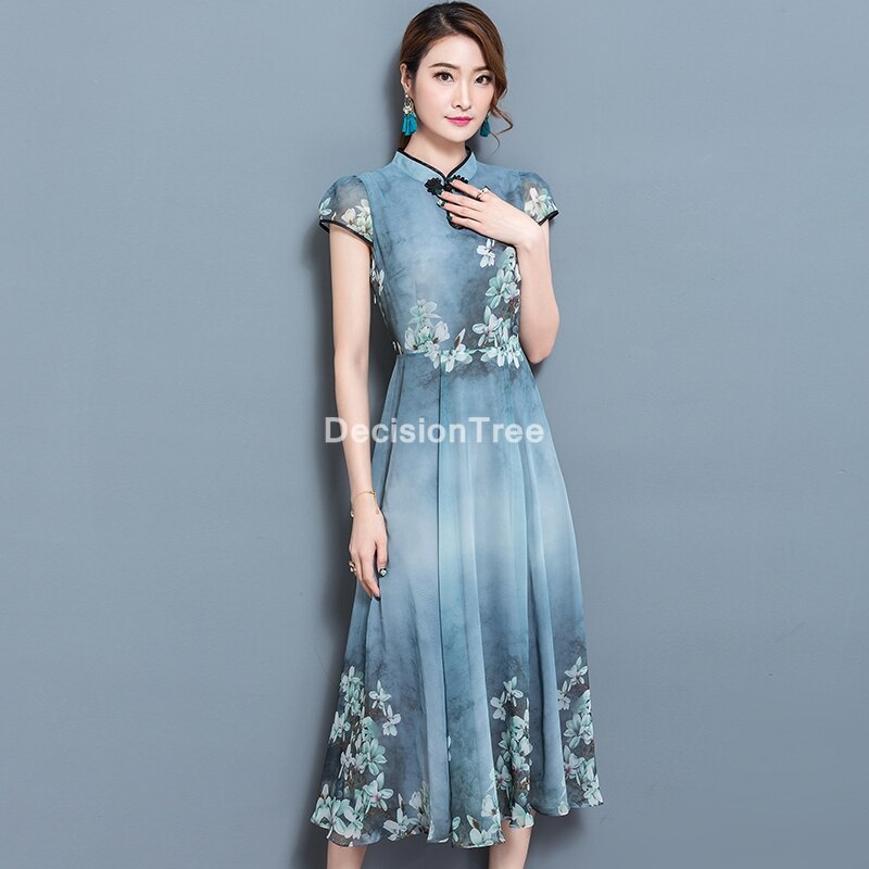 vestido qipao vestido chino cheongsam chiffon Vintage bordado flor mujeres Qipao Vestidos cheongsam moderno: S