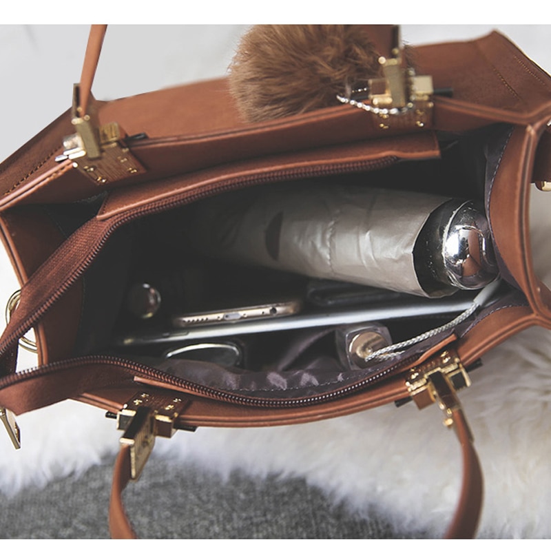 Brand Designers Hangbags For Women PU Leather Hairball Pendant Handbag Lady's Shoulder Messenger Bag For Women Tote Bag