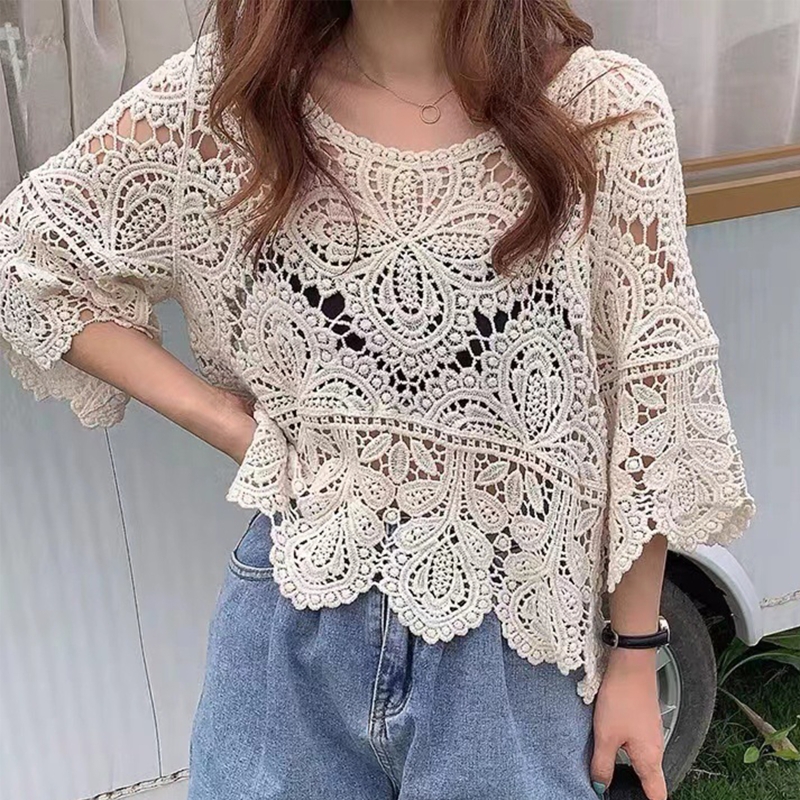 Sommer, uthulet heklet strikkegenser med blomsterprint, gjennomsiktig rund hals, slengt, 3/4- ermet crop top med skuldertrekk for kvinner