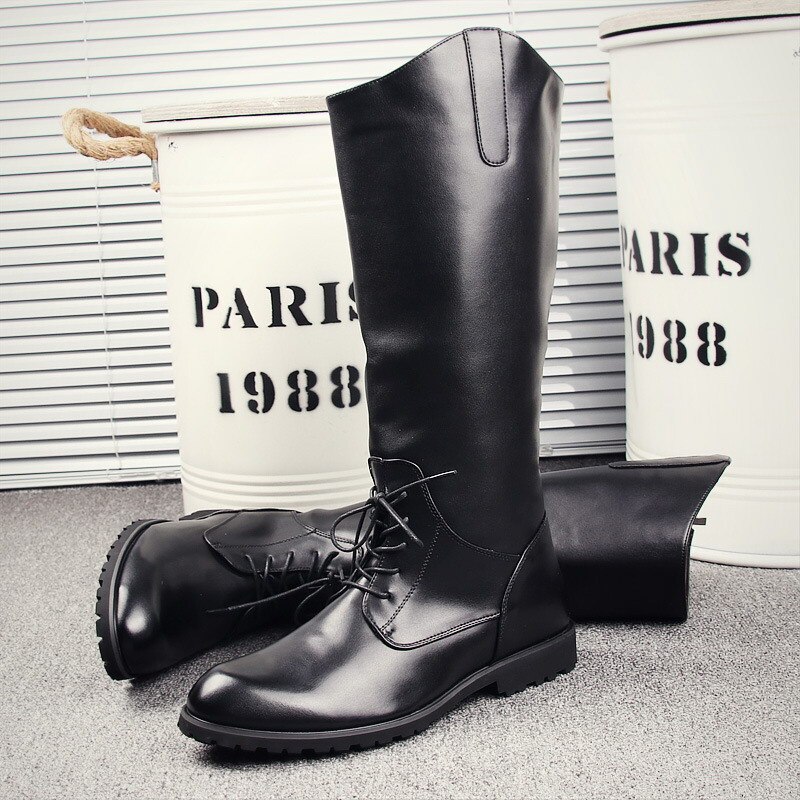 Bottes hautes noires pour hommes, chaussures de moto de styliste pour l'entraînement de l'armée, Cosplay Antique décontracté de rue