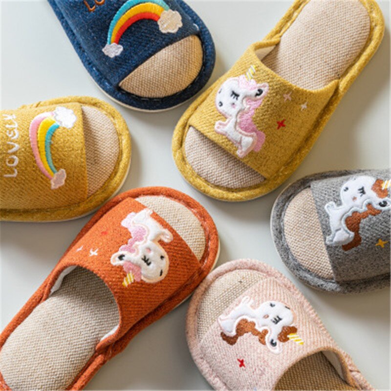 nouveaux enfants pantoufles garçon fille lin chambre tongs licorne chaussures coton pantoufles enfants hiver bébé dessin animé maison chaussures