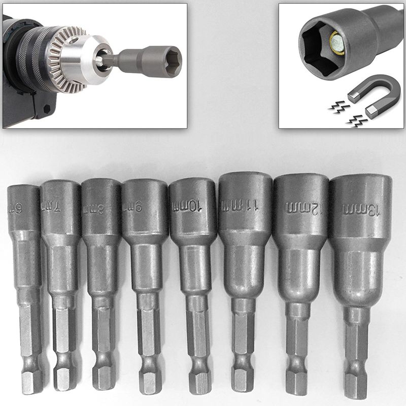 Eleg -8 stk 1/4 tommers hex magnetisk mutter driver sokkelsett metriske slagbor 6 to 13mm adapter