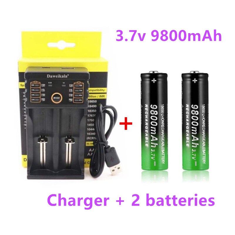 2022 New18650 Battery 9800mAh 3.7V 18650 Li-ion batteries Rechargeable Battery For Flashlight Torch +Charger: 2PCS1