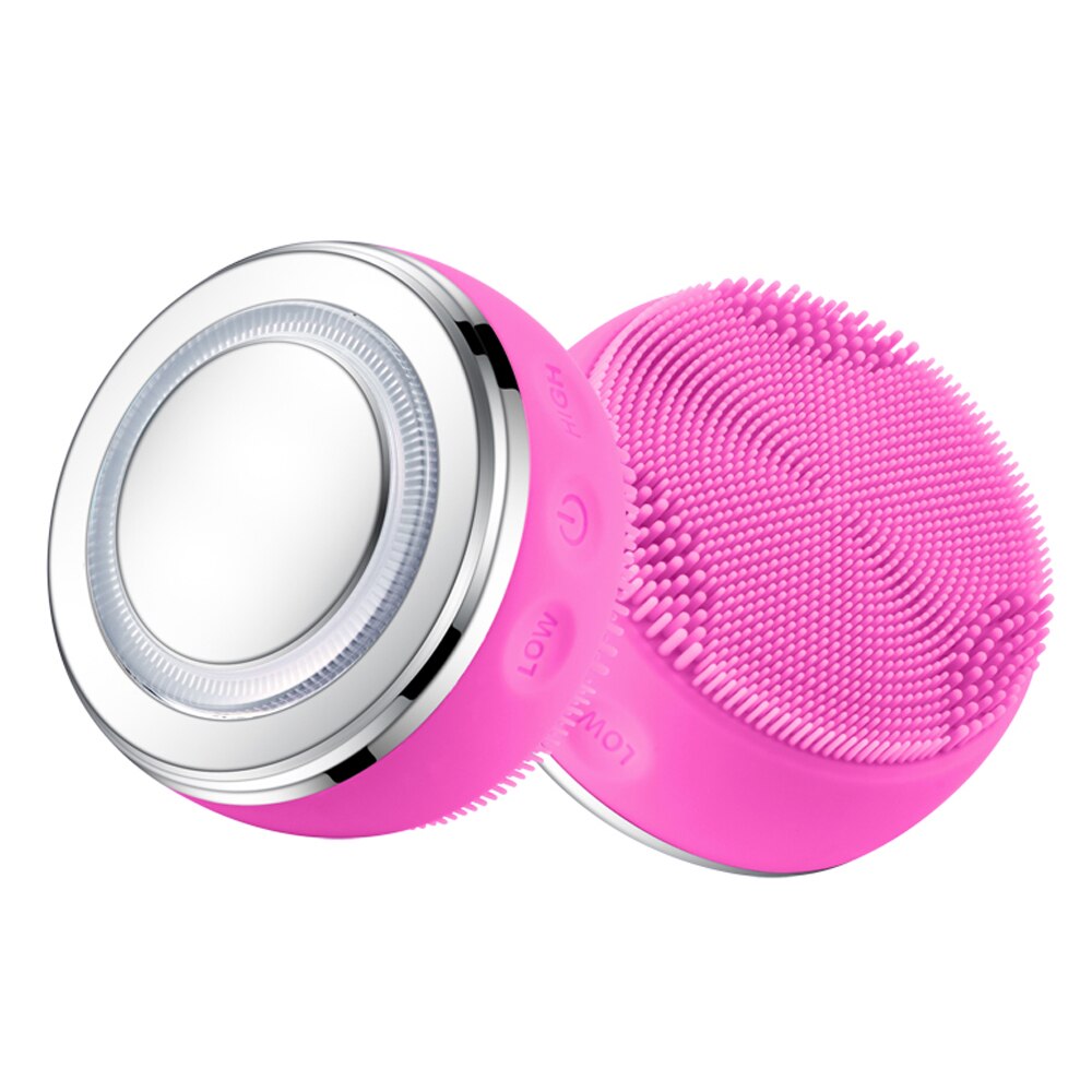 2 in 1 ems led lysterapi silikone varme ansigtsrens massage ansigtsrens børste hudscrubber vaskebørste hudpleje: Rosenrød