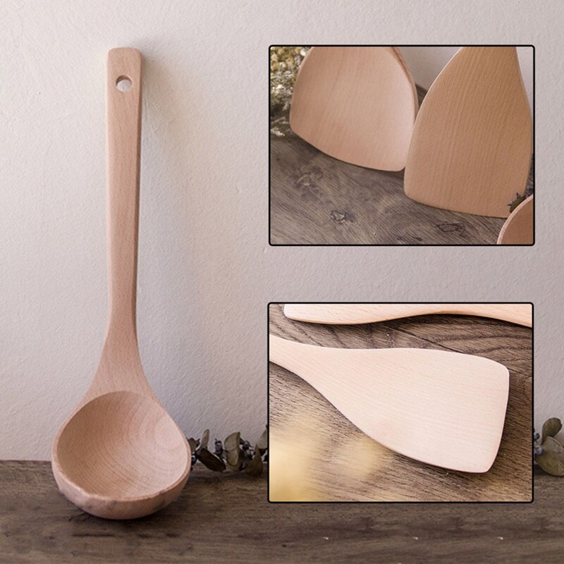 7-delige Houten Keukengerei Set met Houder - Natuurlijke Teak Kooktool