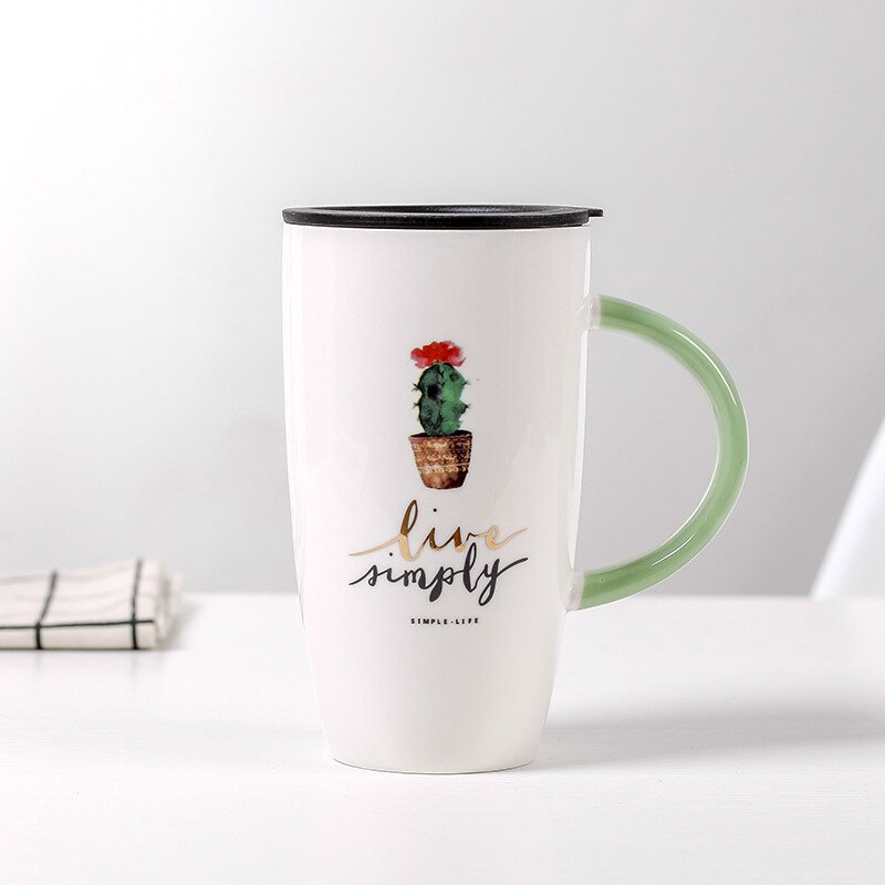 600ml kaktusmönster keramisk mugg med lock tecknade koppar mjölk kaffe te kopp grönt handtag porslinsmuggar fina: 01