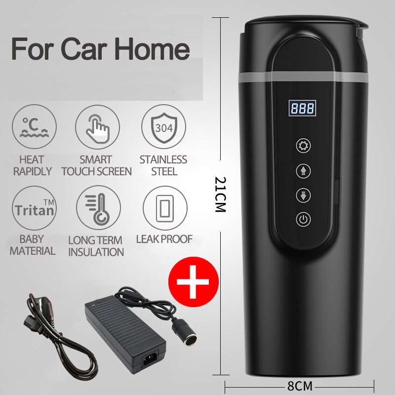 Portable 420ml Stainless Steel 12V/24V Car Heating Cup LCD Display Electric Water Cup Temperature Kettle Coffee Tea Milk Heated: Black1 For Car Home