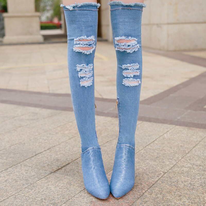 Denim lange støvler kvinder lår spidse støvletter forår vinter høje hæle kvinde sko dame tynde hæle kvast jeans støvler